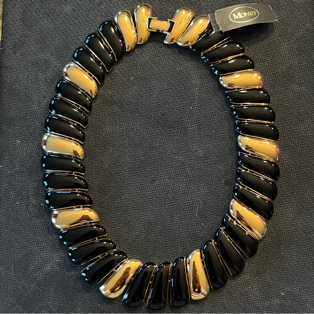 Vintage Monet Gold Tone Black Enamel Chunky Collar Necklace